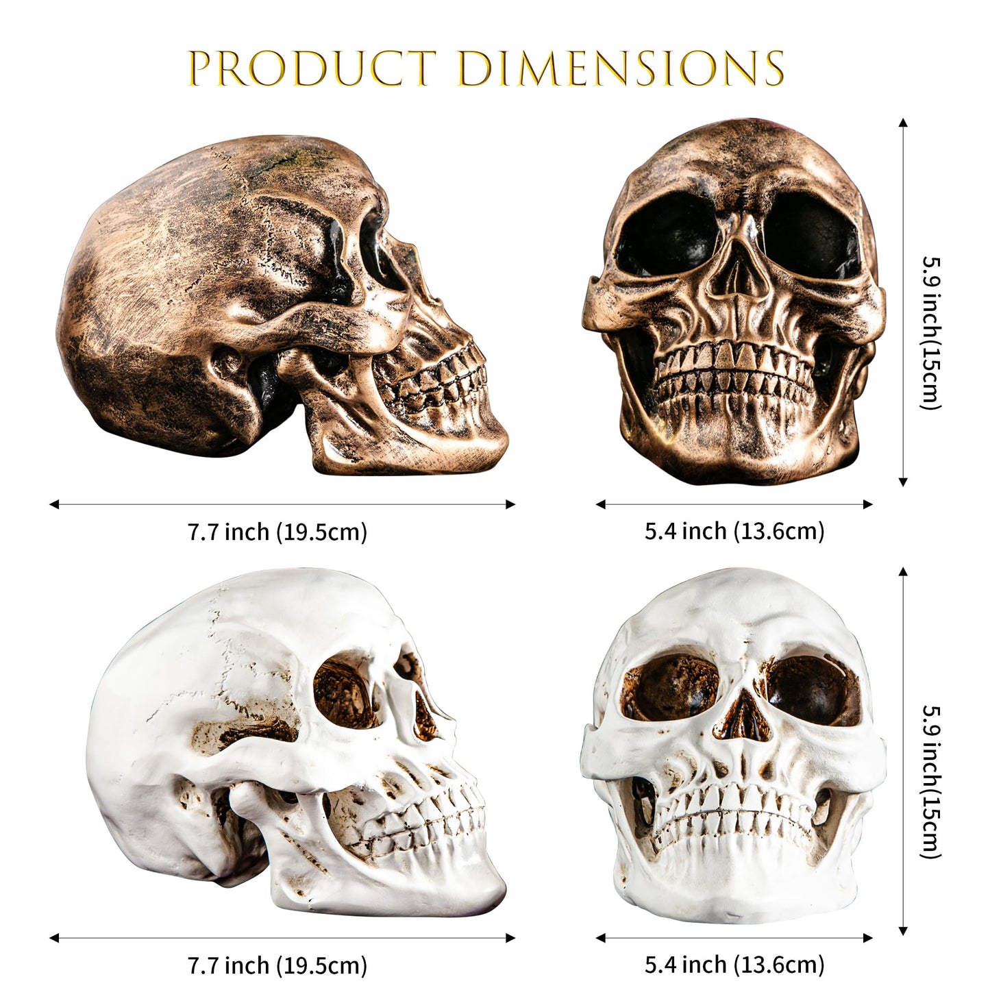 Mowtanco Halloween Skull Statues – Set of 2 Resin Skeleton Head Decorations (Gold & White) – 7.7" Realistic Skull Decor for Indoor Halloween Party, Tabletop Centerpiece, Spooky Home Accents