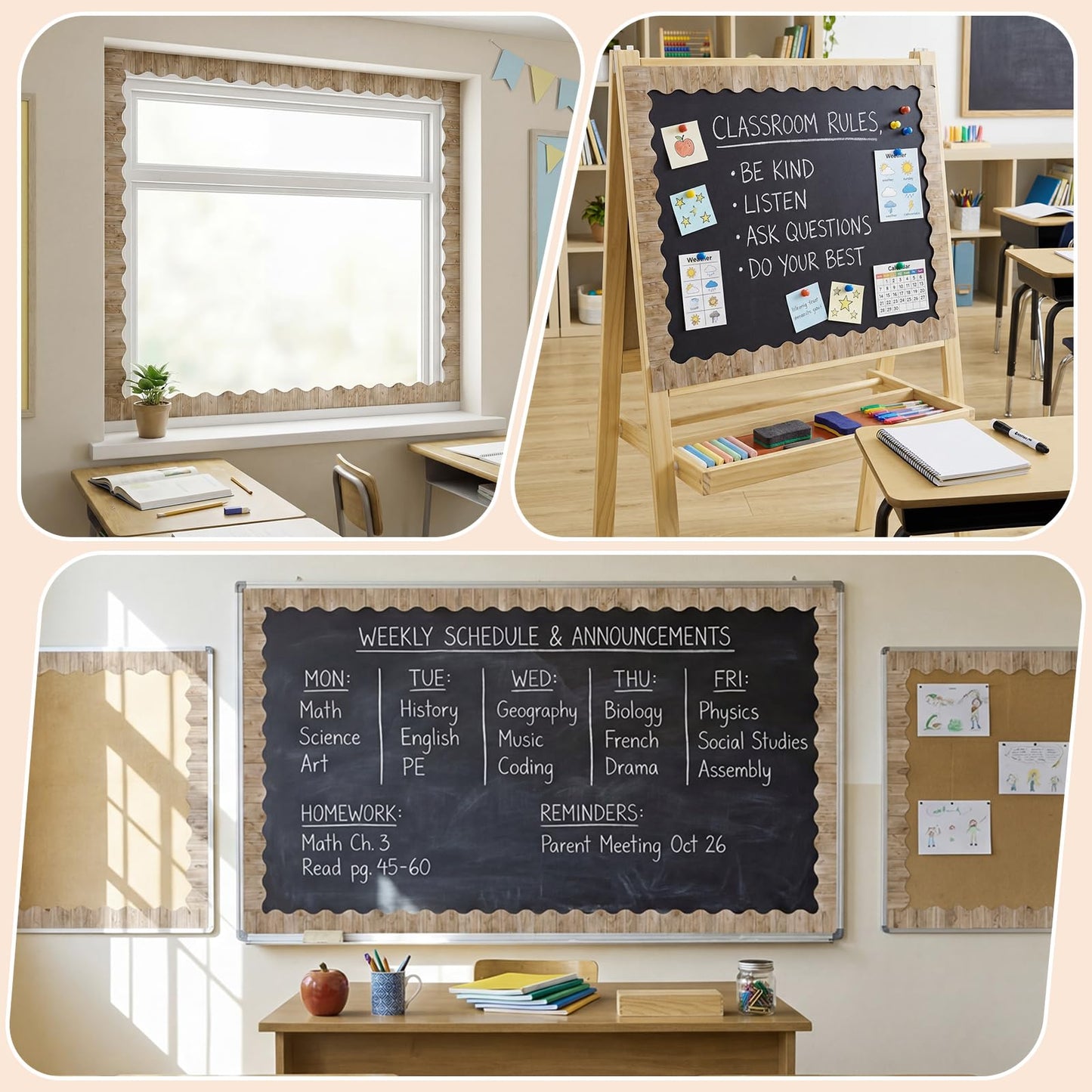 Tenceur 120 Feet Bulletin Board Borders Wooden Pattern Straight Rolled Border Trim Wood Straight for Classroom Schools Office Decoration (Light Brown)