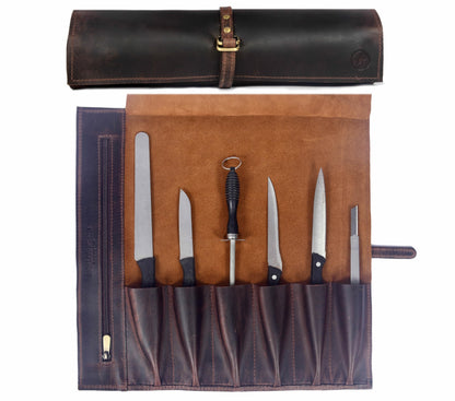 Leather Knife Roll Wrap with 7 Slots, Professional Chef Knife Case with Buckle Closure, Brown (Leather, Walnut)