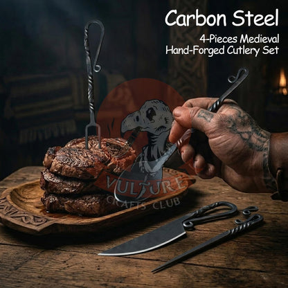 VULTURE CRAFTS CLUB, Medieval Silverware Set with Leather Cover - Hand Forged Medieval Cutlery Set - Viking Camping Utensils, Medieval Decor, Gifts - 4 Pcs Viking Utensils Set Fork Spoon and Knife Set (all Black)