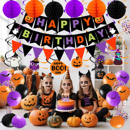 Halloween Birthday Party Decorations, 70PCs Halloween Birthday Decorations Set Including HAPPY BIRTHDAY Banner Bat Stickers Hanging Garland Swirl Streamers Purple Orange Black Balloons Honeycomb Ball