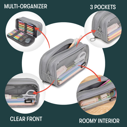 ZIPIT Half & Half Pencil Case, 3 Compartment Zipper Pouch for School, Stationery Bag for Teen Girls Boys and Adults, Grey