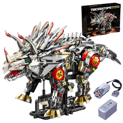 Myth Qholve Mechanical Triceratops Building Set with LED Lights, Engine & Generator, Remote Control Drive, Display Stand, Movable Gears, Large Scale RC Dinosaur Model for Home Office Decor, 1100+PCS
