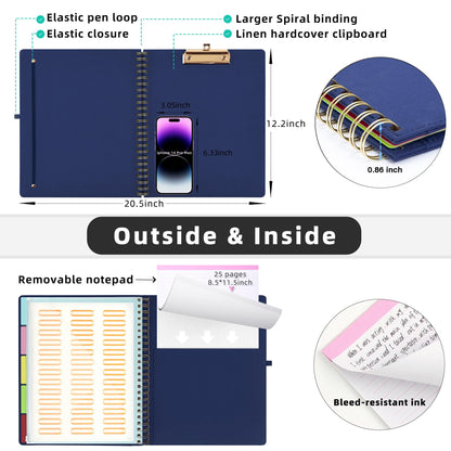 Ospelelf Bule Foldable Spiral Clipboard Folio with Storage Zipper Pouch, 5 Plastic Folders with 10 Pockets, Refillable Lined Notepad (11" x 8.5"), Linen Hardcover Project Organizer