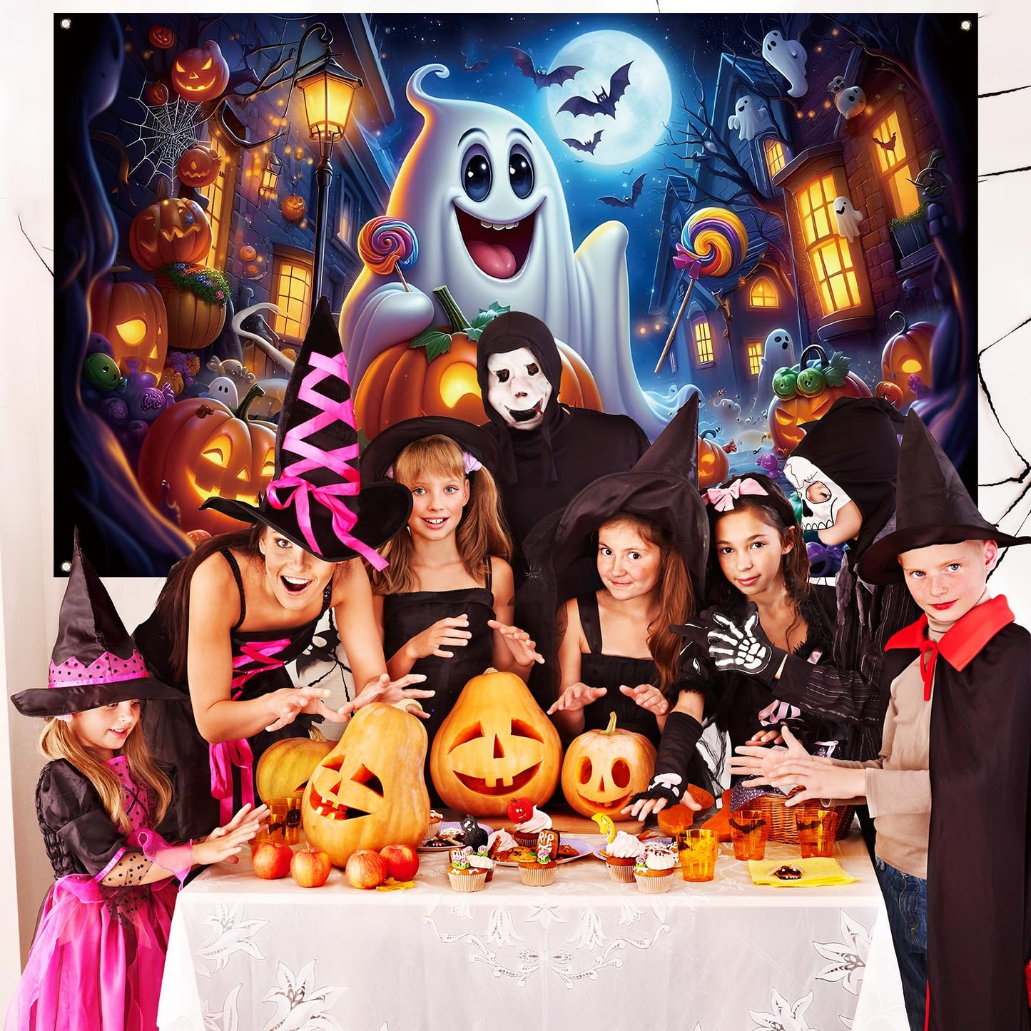Ghost Pumpkin Halloween Photo Backdrop,Night Moon Banner Party Decorations and Supplies for Home-71×43''