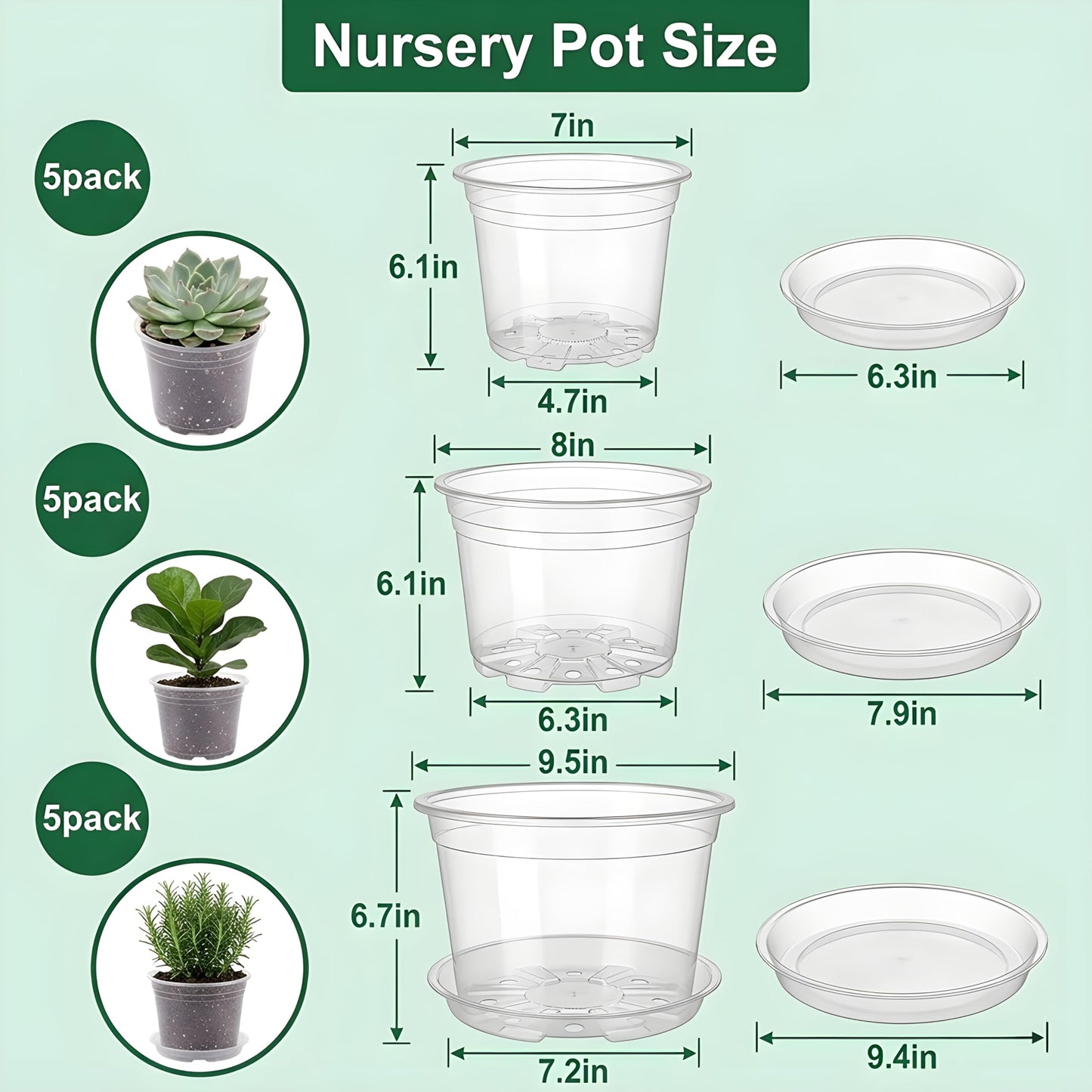 JADENIO 7/8/10 Inch Clear Nursery Pots with Drainage Holes, 15 Pack Plastic Plant Pots, Indoor & Outdoor Use, Ideal for Flowers, Vegetable Seedlings and Seed Starting