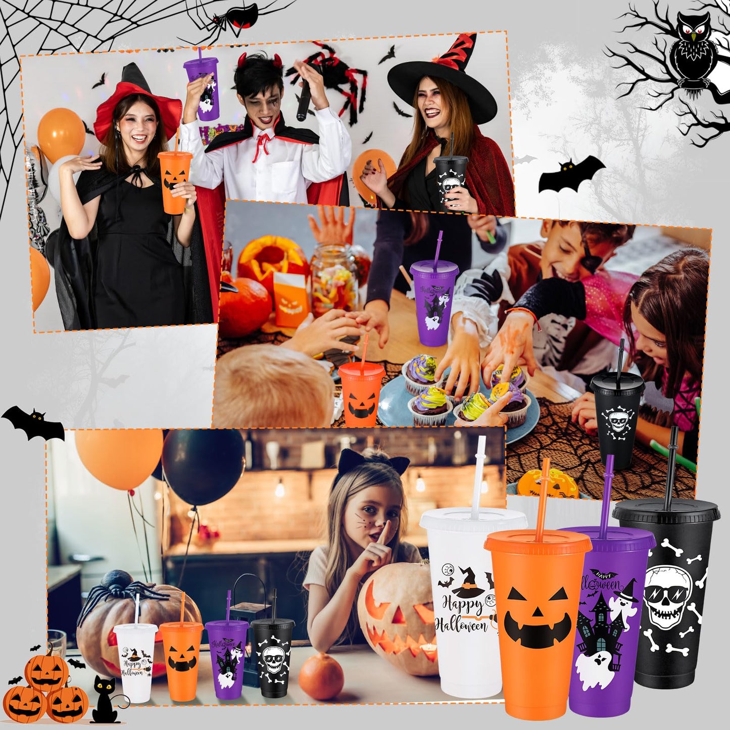Umigy 24 Pcs Halloween Plastic Cups with Lids and Straws 4 Styles Pumpkin Ghost Skull Bat Tumblers Reusable Halloween Party Cups for Kids Adults Birthday Party Favors Supplies