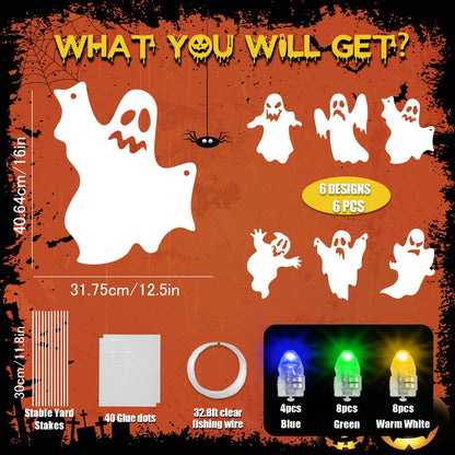 OuMuaMua Outdoor Halloween Decorations Signs - 6pcs Ghost Decor Halloween Yard Signs with Stakes LED Light Up Eyes for Garden Yard Scary Decorations Outside