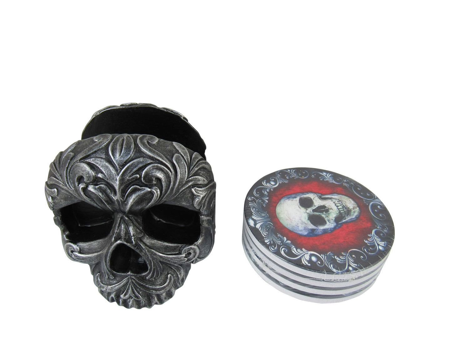 DWK Deathly Delights Decorative Gothic Skull Drink Coasters | 4 Piece Coasters for Drinks Absorbent with Holder Set | Home Decorations for Living Room | House Warming Presents - 5"