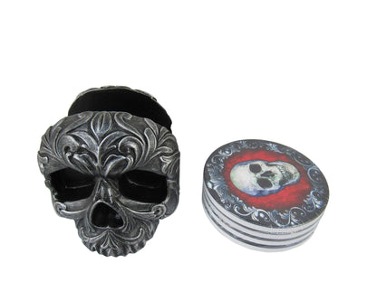 DWK Deathly Delights Decorative Gothic Skull Drink Coasters | 4 Piece Coasters for Drinks Absorbent with Holder Set | Home Decorations for Living Room | House Warming Presents - 5"