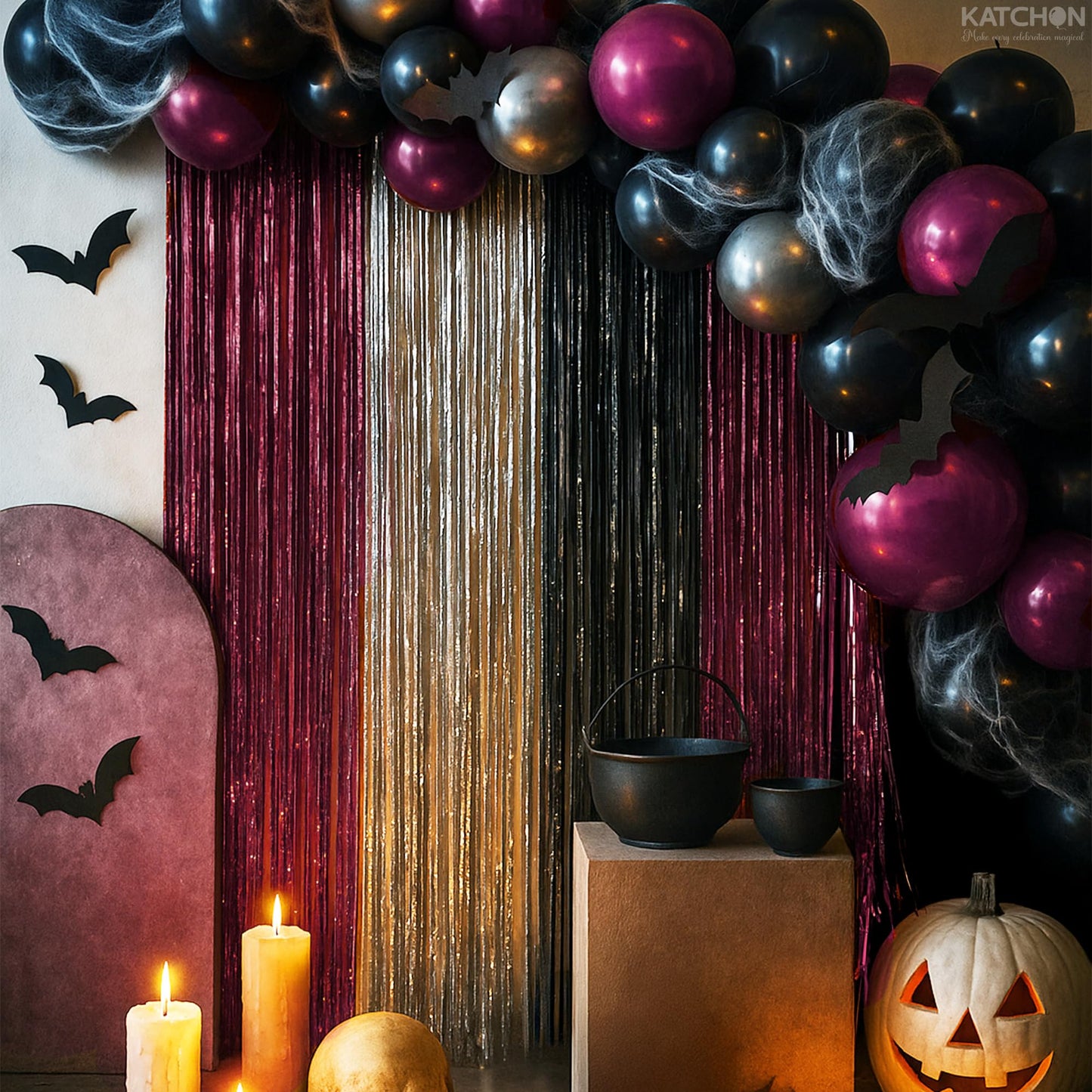 KatchOn, Halloween Banner & Fringe Set-Pack of 23 | Paper Fan Glittery Happy Halloween Garlands, Ghost Hanging Swirls with Burgundy Black and Silver Foil Fringe Curtains | Perfect for halloween Party