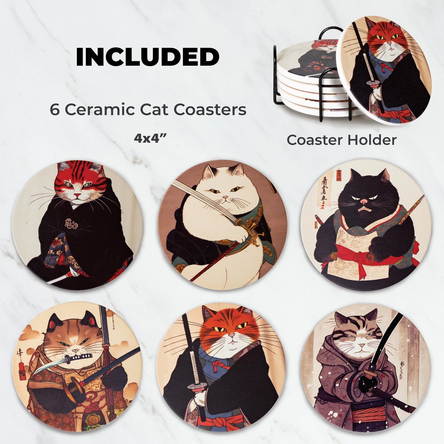 Ninja Cat Coasters - Anime Cat Decor - Set of 6 Drink Coasters with Holder, Funny Coasters, Anime Gifts for Men