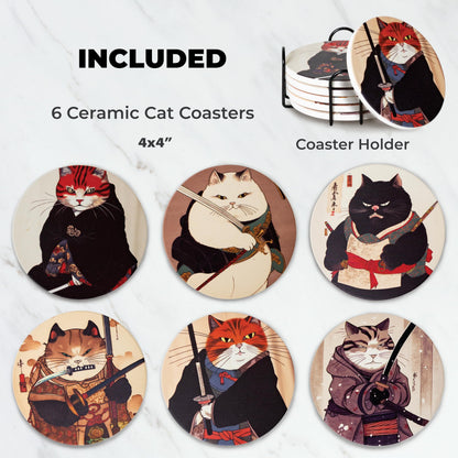 Ninja Cat Coasters - Anime Cat Decor - Set of 6 Drink Coasters with Holder, Funny Coasters, Anime Gifts for Men