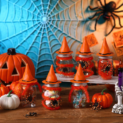 Mimorou 12 Sets Halloween Candy Jars 8.5 oz Plastic Cookie Jars Kit with Witch Hat Lid Scary Spider Food Storage Containers Trick or Treat DIY Crafts for Halloween Party Centerpieces Decor(Orange)