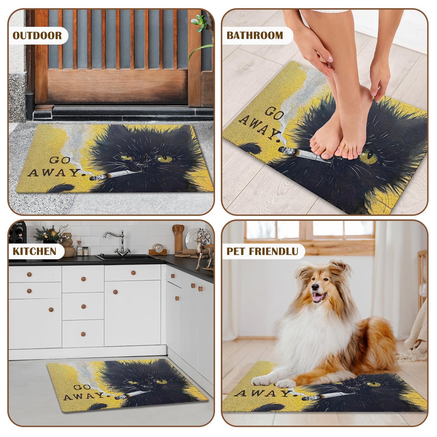 KBRCT Go Away Black Cat Door Mat Outdoor Indoor Entrance Entryway, Funny Smoking Black Kitten Kitty Doormat Inside Outside, Cat Welcome Mats for Front Door, 17x30 Inch
