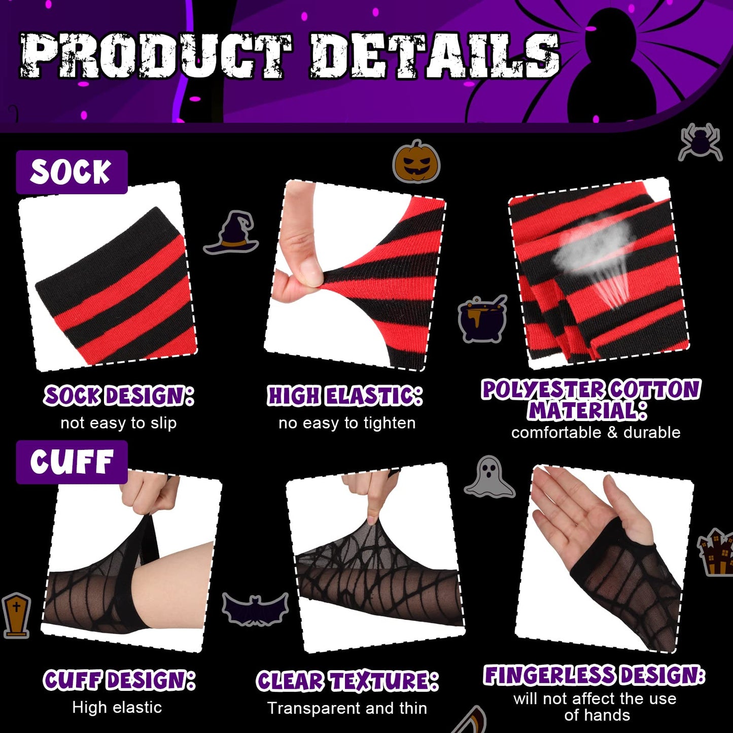 Tarpop 3 Pairs Halloween Costume Red Black Striped Thigh High Socks, Fingerless Spider Web Gloves, White Witch Teeth Fangs (27.6 Inch)