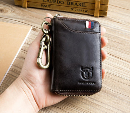 Men's Zipper Key Organizer Rfid Wallet with 6 Hooks Leather Key Holder Case (Dark brown)