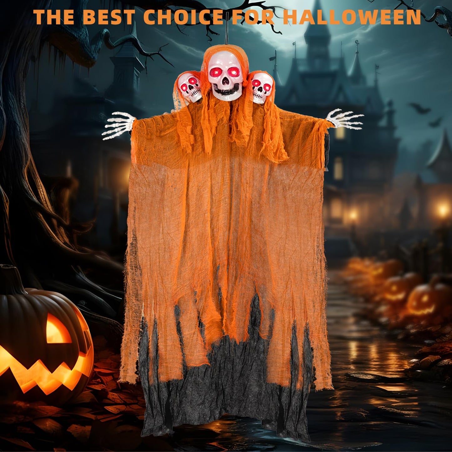 Kendane Halloween Decorations Outdoor and Indoor,Halloween Hanging Ghosts,Scary Grim Reaper Skeleton with Light-Up Eyes and Creepy Sound,Scary Party Decorations for Yard,Lawn,Haunted House Decor