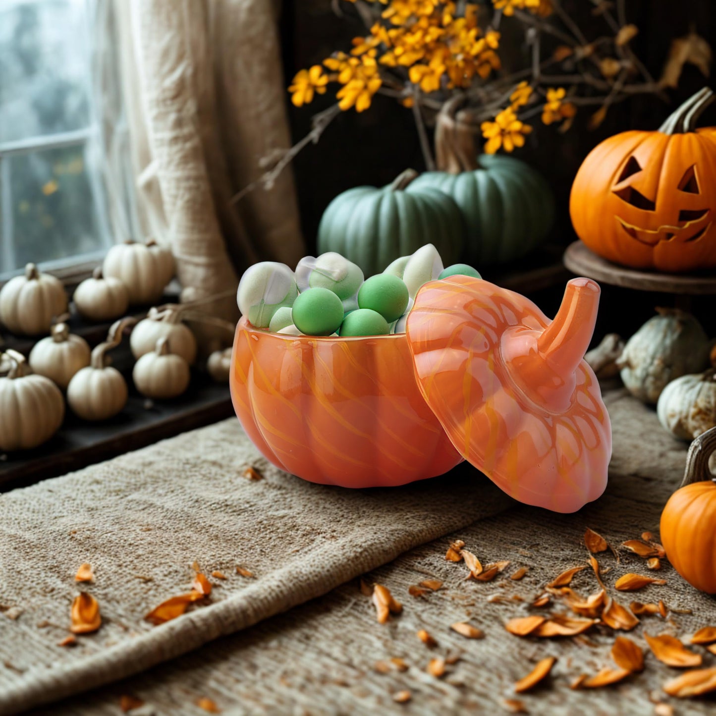 Stella Baicø Crystal Pumpkin Jar with Lid, Glass Candy Bowl with Cover for Halloween, Decorative Candy Dish for Home Decor, Party Centerpieces (S, Orange)