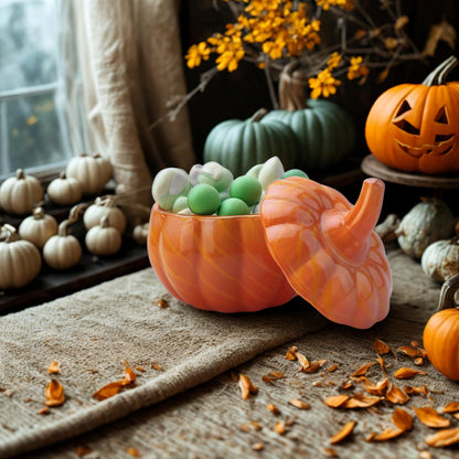 Stella Baicø Crystal Pumpkin Jar with Lid, Glass Candy Bowl with Cover for Halloween, Decorative Candy Dish for Home Decor, Party Centerpieces (S, Orange)