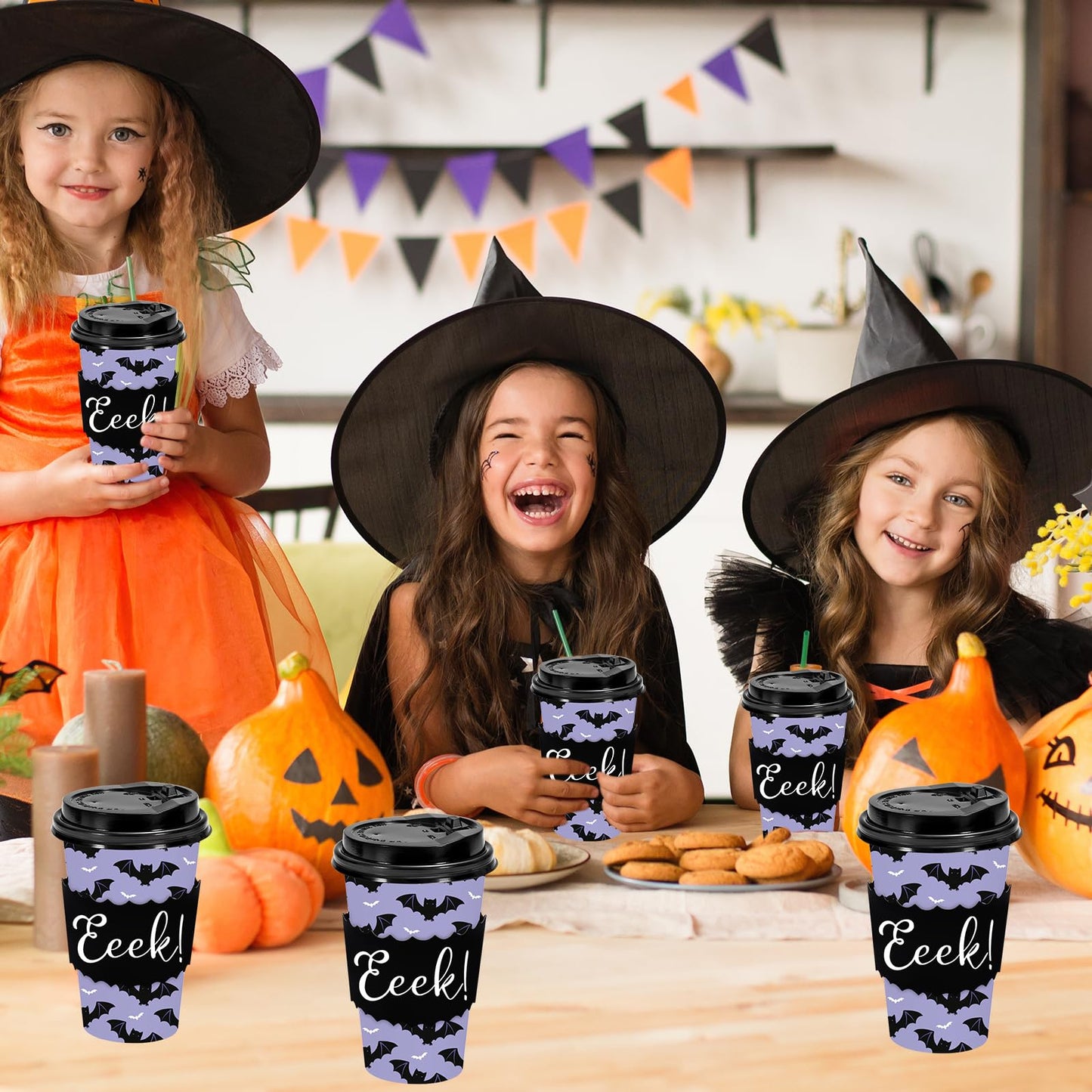 JarThenaAMCS 50 Set Halloween Disposable Coffee Cups with Lids Sleeves Purple Black Bat Drinking Cup Spooky Paper Cup for Halloween Party Supplies