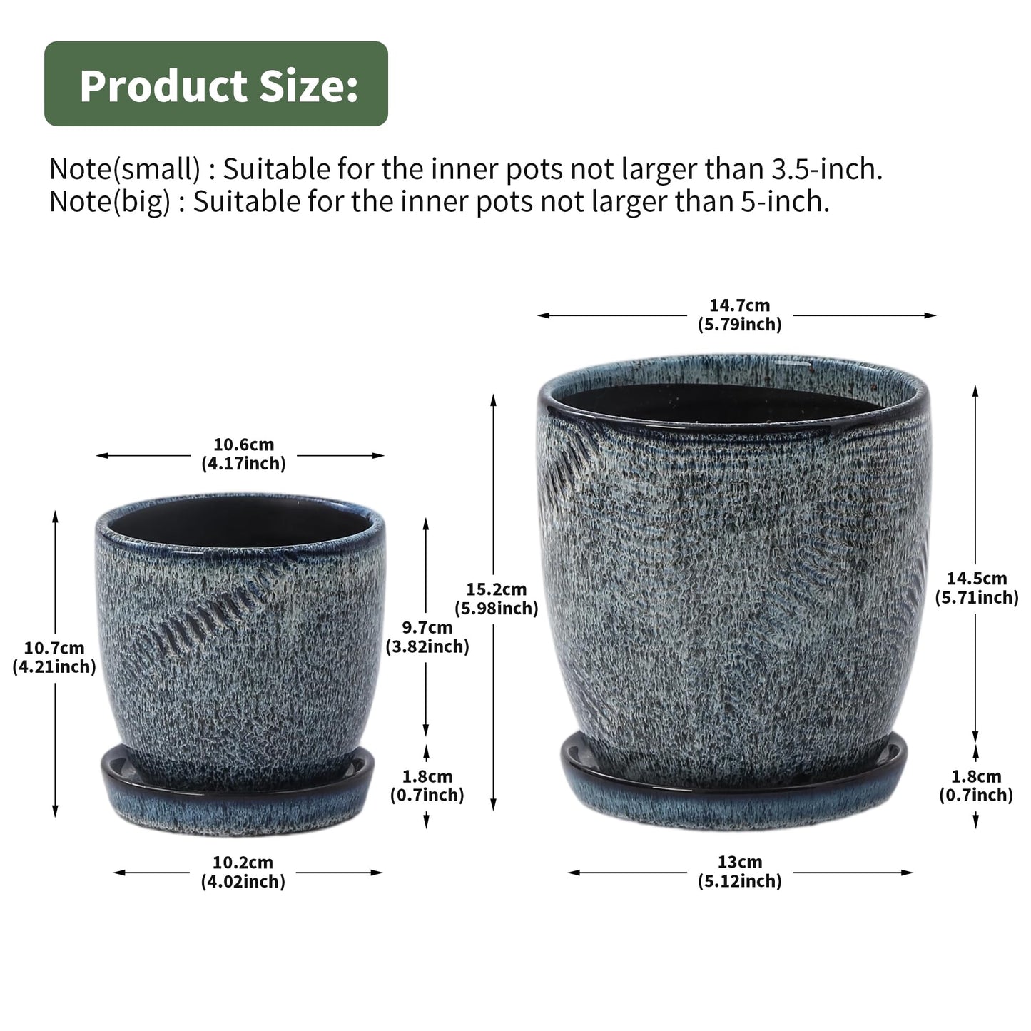 Pkeo Bbun 4+6 Inch Ceramic Planter Set of 2 with Drainage Hole and Saucer for Plants, Indoor-Outdoor Large Round Succulent Orchid Flower Pot -Inner-pots not Larger Than 5 Inch Reactive Glaze Blue