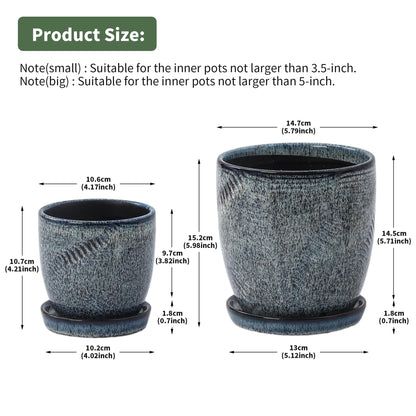 Pkeo Bbun 4+6 Inch Ceramic Planter Set of 2 with Drainage Hole and Saucer for Plants, Indoor-Outdoor Large Round Succulent Orchid Flower Pot -Inner-pots not Larger Than 5 Inch Reactive Glaze Blue