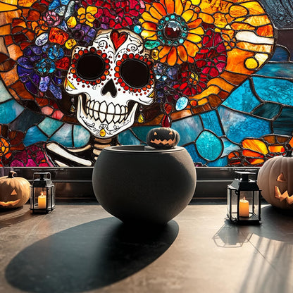 HOMETITUTE Day of The Dead Window Film 39.3x17.7 Inch Sugar Skull Windows Cling Halloween Calavera Glass Sticker for Glass Dia de Los Muertos Removable Gothic Window Art Decoration
