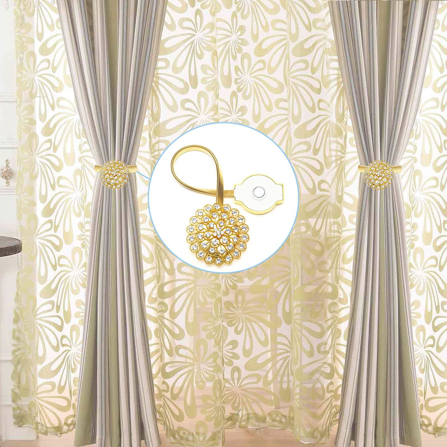 Mightree Magnetic Curtain Tiebacks,Magnet Curtain Clips with Stretchy Metal Rope for Home Office,Outdoor Decor Curtain Holdbacks,2 Pack Drape Holdbacks,Gold Diamond Flower