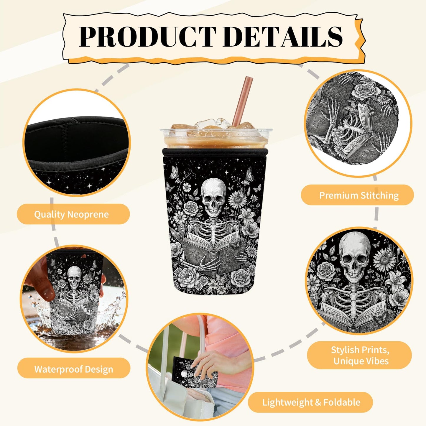 Skeleton Reading Iced Coffee Cup Sleeve 3 Pack, Gothic Floral Reusable Neoprene Holder, Book Lover Gifts for Men Women, Skull Theme Coffee Coolies Sleeves for Iced & Hot Drinks, Ideal Birthday Gift