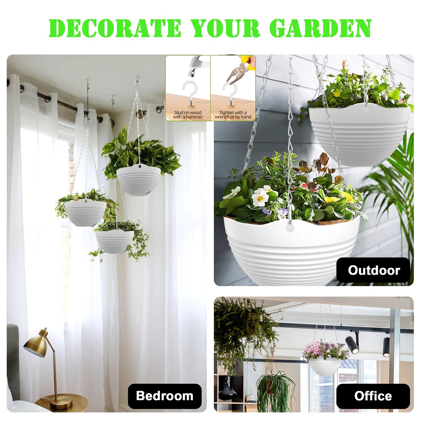 REPICLIFE Hanging Planters, Set of 9 White Hanging Pots, 8" Hanging Flower Pots, Plant Pots with Drainage Plugs, Water Barrier and Chains, Come with Free Mini Garden Tools Set