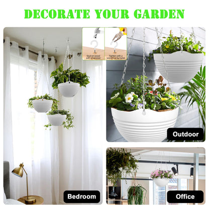 REPICLIFE Hanging Planters, Set of 9 White Hanging Pots, 8" Hanging Flower Pots, Plant Pots with Drainage Plugs, Water Barrier and Chains, Come with Free Mini Garden Tools Set