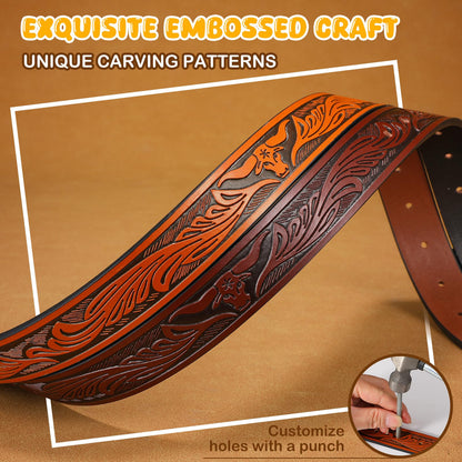 SANSTHS Kids Western Belt without Buckle Genuine Leather Boys Girls Belt Strap Cowgirl Cowboy Belts for Jeans Western Gifts, Embossed Bull/Brown Coffee