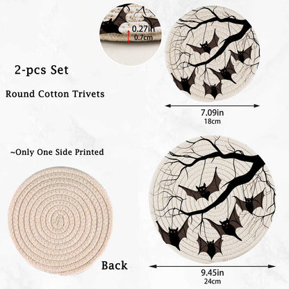 Peystean 2 Pcs Kitchen Decor Woven Potholders Trivets Set, Bats Hanging on Tree Branch Halloween Round Hot Mats Coasters Placemats,for Cooking Baking Hot Dish Pan Pot Bowl Teapot(7"&9")