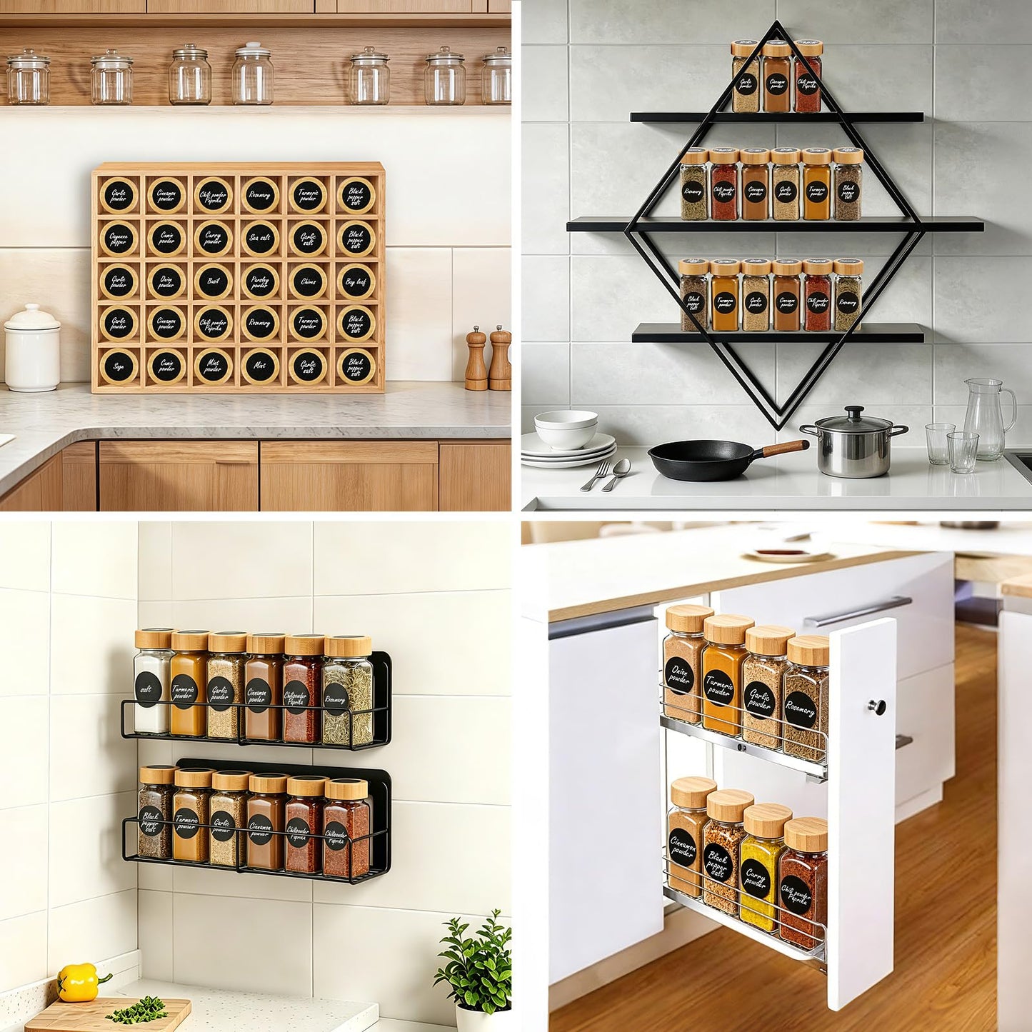 MYQYBRO 24Pcs Glass Spice Jars with Labels, 4oz Spice Containers with Bamboo Lids, Square Seasoning Containers Trial and Supplement Set for Spice Rack, Drawer, Cabinet