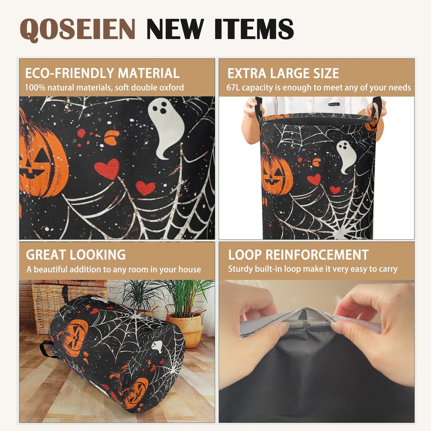 Halloween Laundry Basket Pumpkin Collapsible Hamper with Handles, Bat Spider Web Waterproof Oxford Storage Bin for Bathroom Bedroom Nursery Home Halloween Decor 16"x20"