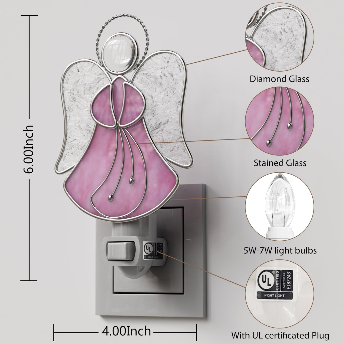 KUNDGLA Pink Angel Night Lights Plug into Wall,Stained Glass Plug in Night Light for Wall Socket Decorative Nightlight for Bedroom Hallway Kitchen Home Gifts for Mom Mother`s Day Birthday Christmas