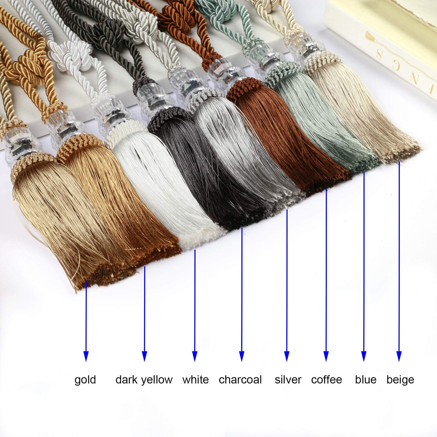 Fenghuangwu Tassel Curtain Tiebacks Handmade Curtain Tie Backs, Elegant Crystal Curtain Holdbacks for Home Office Decor (Beige, 2P)