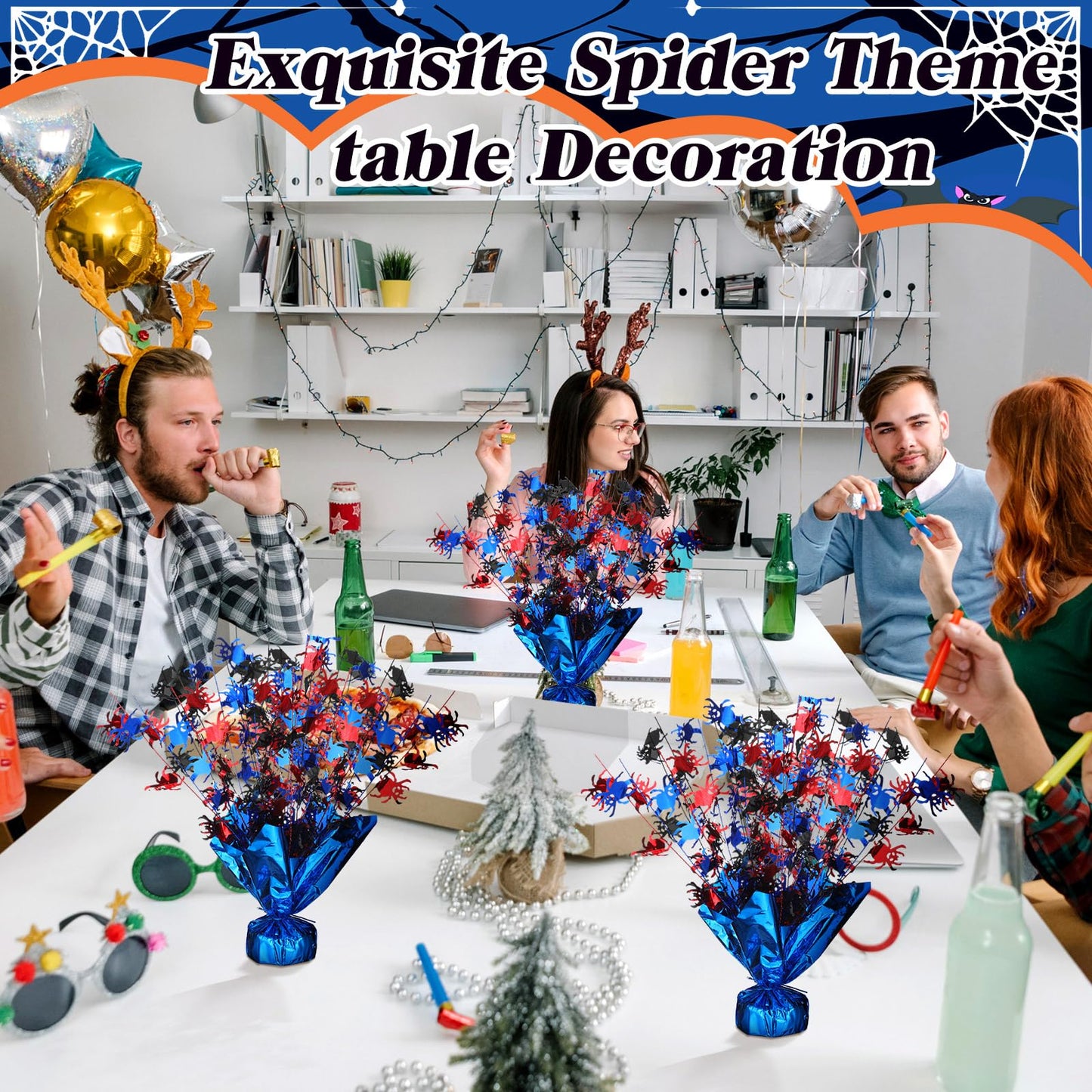 Amyhill 3 Pcs Halloween Spider Party Centerpiece Red Blue and Black Spider Birthday Party Favor Decoration Flash Foil Spray Table Centerpiece Red and Blue Decor for Hero Themed Table Decorations