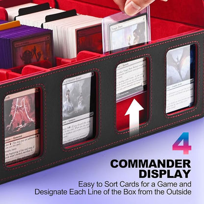 UAONO Trading Card Storage Box with Commander Display; 2400+ Deck Box for MTG with Removable Cover; Top Loaders Card Case fits Magic TCG PTCG Sports Cards; 24 Dividers, 4 Stoppers (Black, Red)