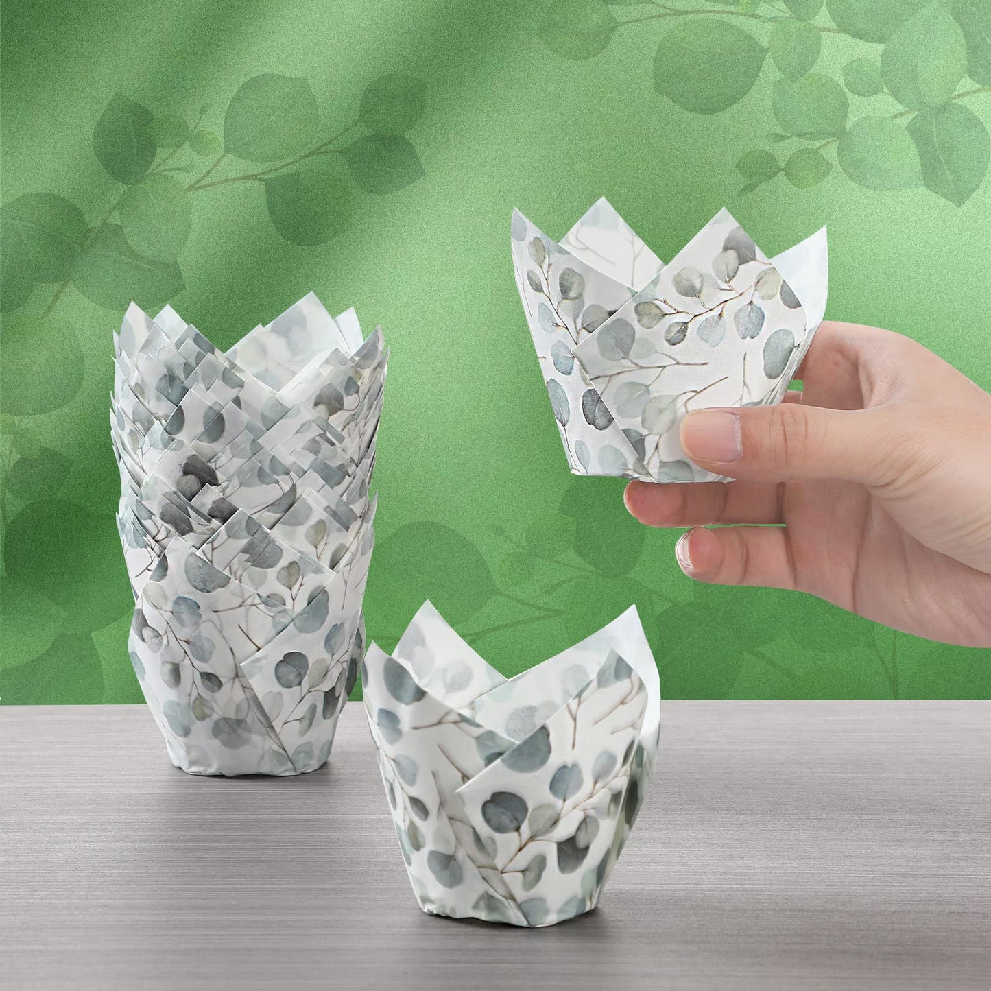 Funtery 200 Pcs Green Tulip Cupcake Liners Wrappers Tulip for Baking Eucalyptus Cupcake Liners Mini Baby Shower Baking Rustic Wedding Birthday Party Decorations for Bridal Shower Festival Party