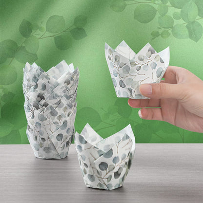 Funtery 200 Pcs Green Tulip Cupcake Liners Wrappers Tulip for Baking Eucalyptus Cupcake Liners Mini Baby Shower Baking Rustic Wedding Birthday Party Decorations for Bridal Shower Festival Party