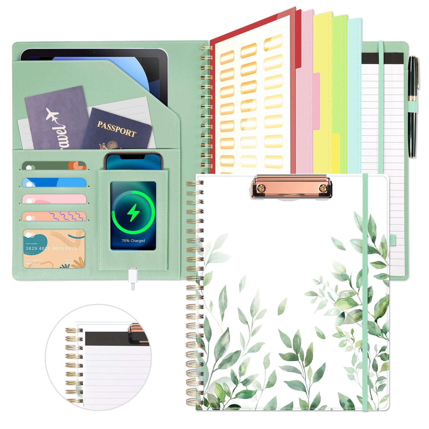 Ospelelf Clipboard with Storage, Leather Padfolio Portfolio Organizer 5 Folders with 10 Pockets, Spiral Clipboard Folio with Notepad for Letter Size, Elastic Closure and Pen Loop Green Plants