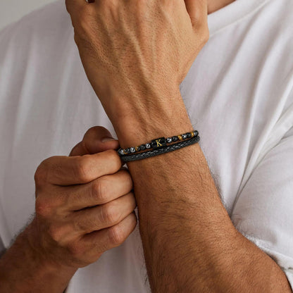 OUTSTHAND Leather Initial Bracelets for Men, Tiger Eye Beaded Bracelets Birthday Gifts for Husband Boyfriend Dad Gifts for Mens Personalized Mens Jewelry Fathers Day Gift for Men