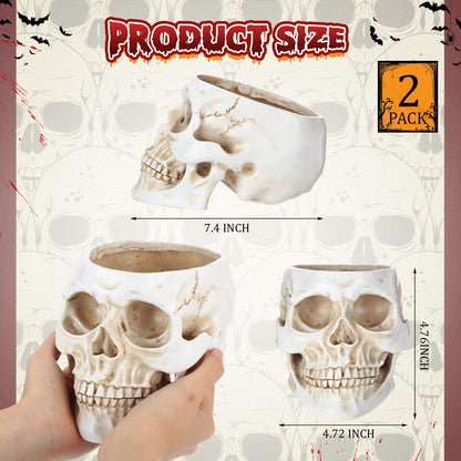 Acellegic 2 Pack Skull Planter Resin Skull Head Flower Pot Candy Bowl Spooky Gothic Decoration for Tabletop Home Bar Office Desk Halloween (Antique White, Minimalist)