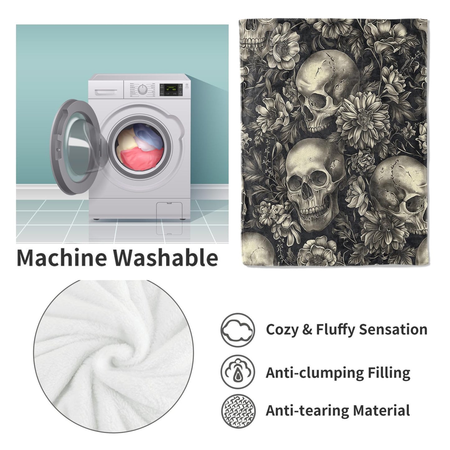 VANZEV Gothic Garden Skull Fleece Blanket Gifts, Dark Floral and Skeleton Design, Soft Throw 50x60 inches, Elegant Home Halloween Decor - Black and White