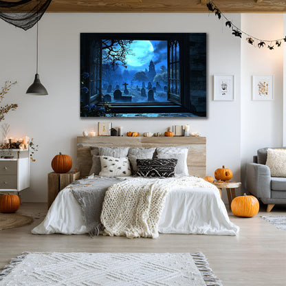 AMAZING WALL Graveyard Fake Window Sticke –3D Haunted Cemetery Illusion Wall Decal with Full Moon & Gothic View–Peel and Stick Halloween Decoration for Home,Door,Wall,32x48in/2PCS