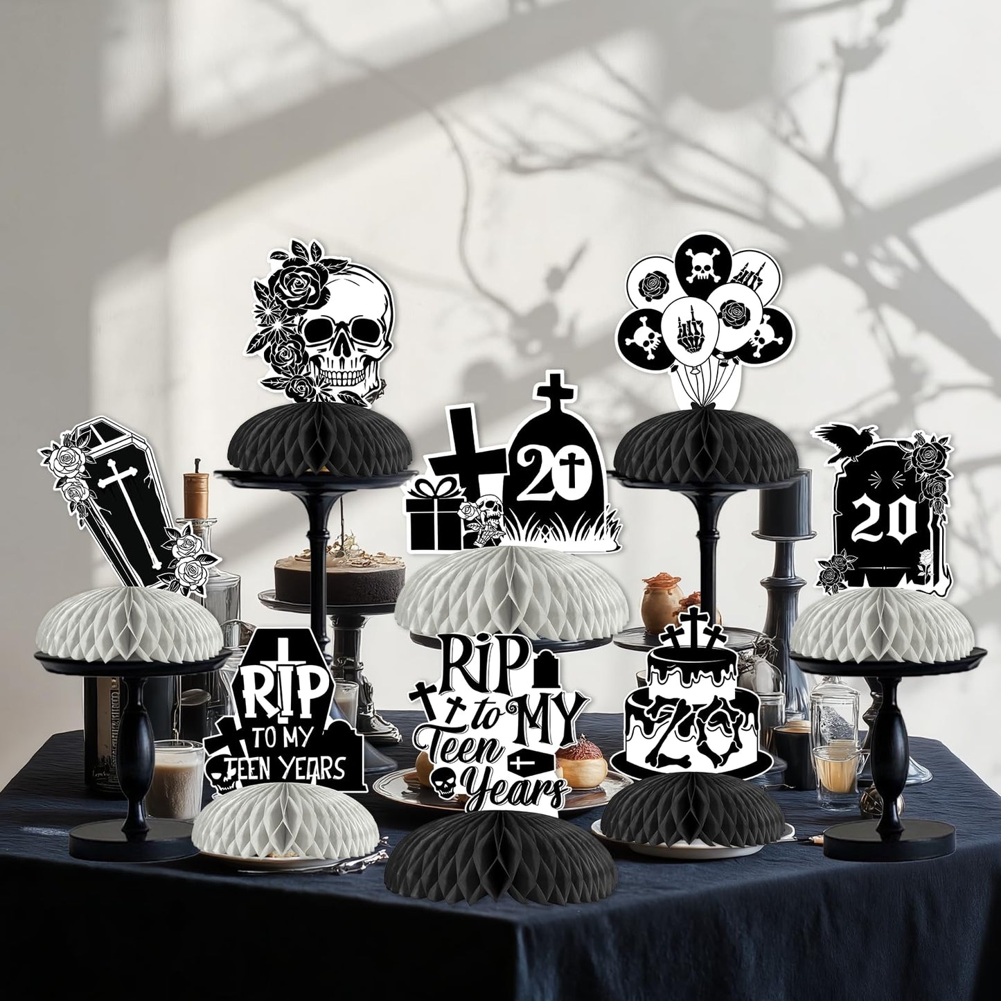 kreat4joy 8pcs Rip to My Teens Birthday Decoration Table Honeycomb Centerpiece Double-Sided Printing Black for Girl’s 20th Gothic Kissing My Teens Goodbye Hello Twenties Birthday Decoration