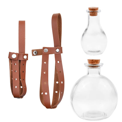 Eco-Fused Cosplay Potion Bottle 2x (Big/Small) - Clear Spherical, Wizard, Costume Accessory - Incl. Cork Stopper, Brown Faux Leather Sleeve Holder, Belt Loop