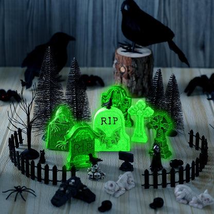 YLOLUL 48 Pcs Fluorescent Halloween Village Accessories Miniature All Saints' Day Figurines Glow in The Dark Mini Tombstones Skeleton Tiny Trees for Halloween Town Decorations Party Table Decor